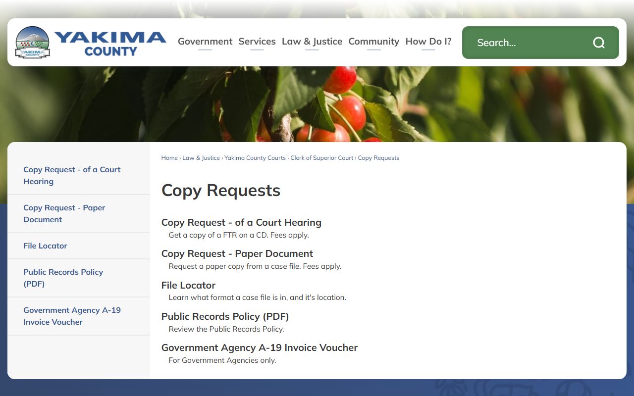 Yakima County court records copy request page from the Clerk of Superior Court