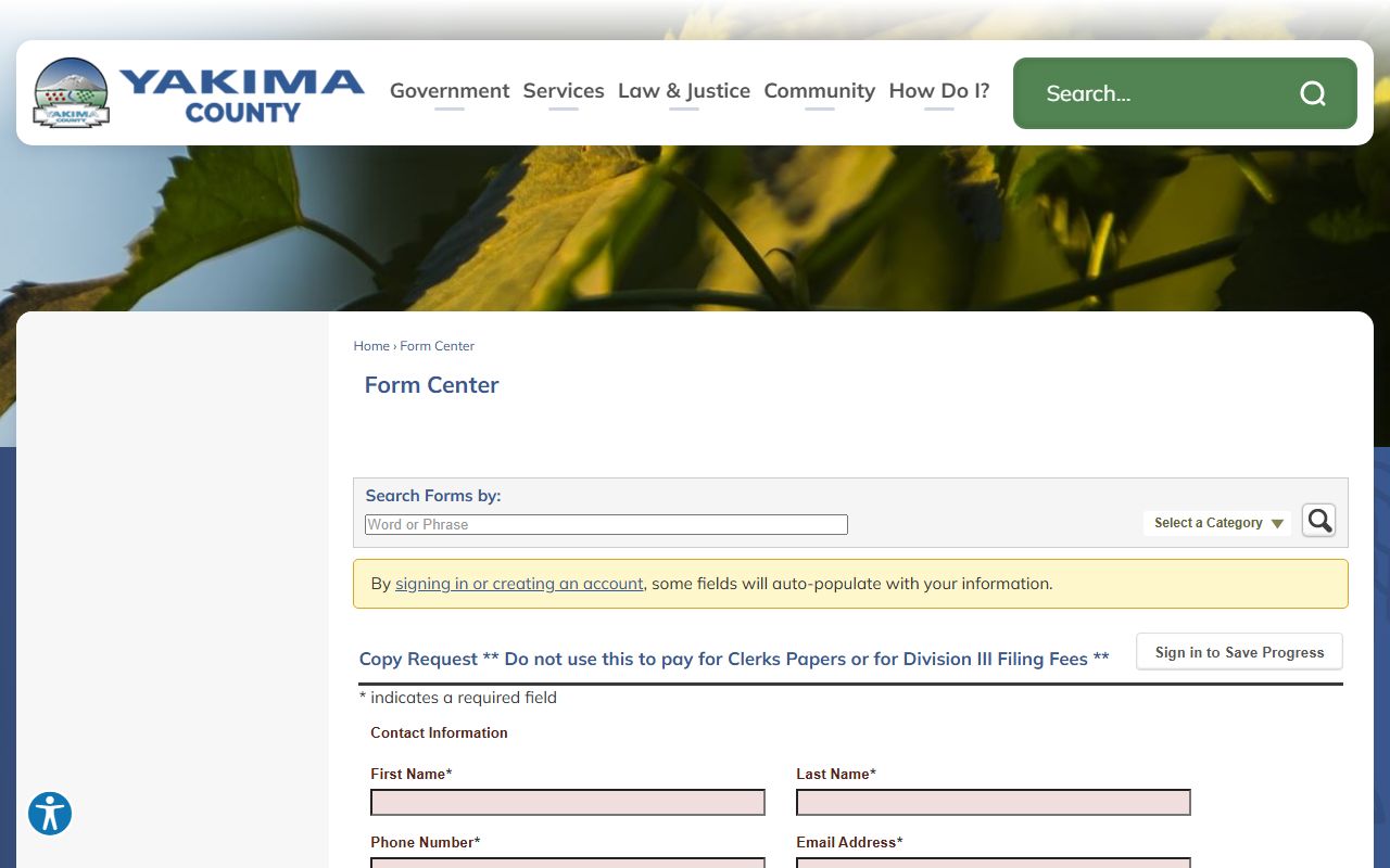 Yakima County court records copy request web form fields for Superior Court files