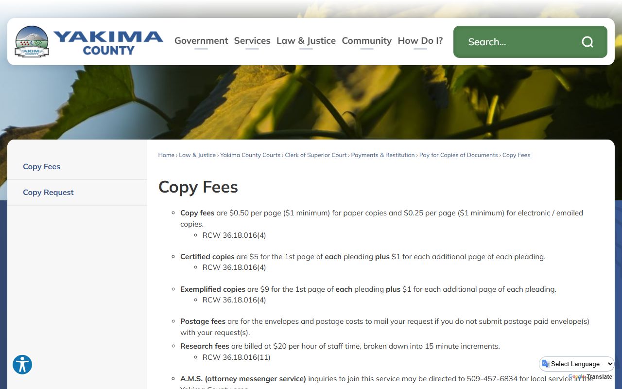 Yakima County court records copy fees page from the Clerk of Superior Court