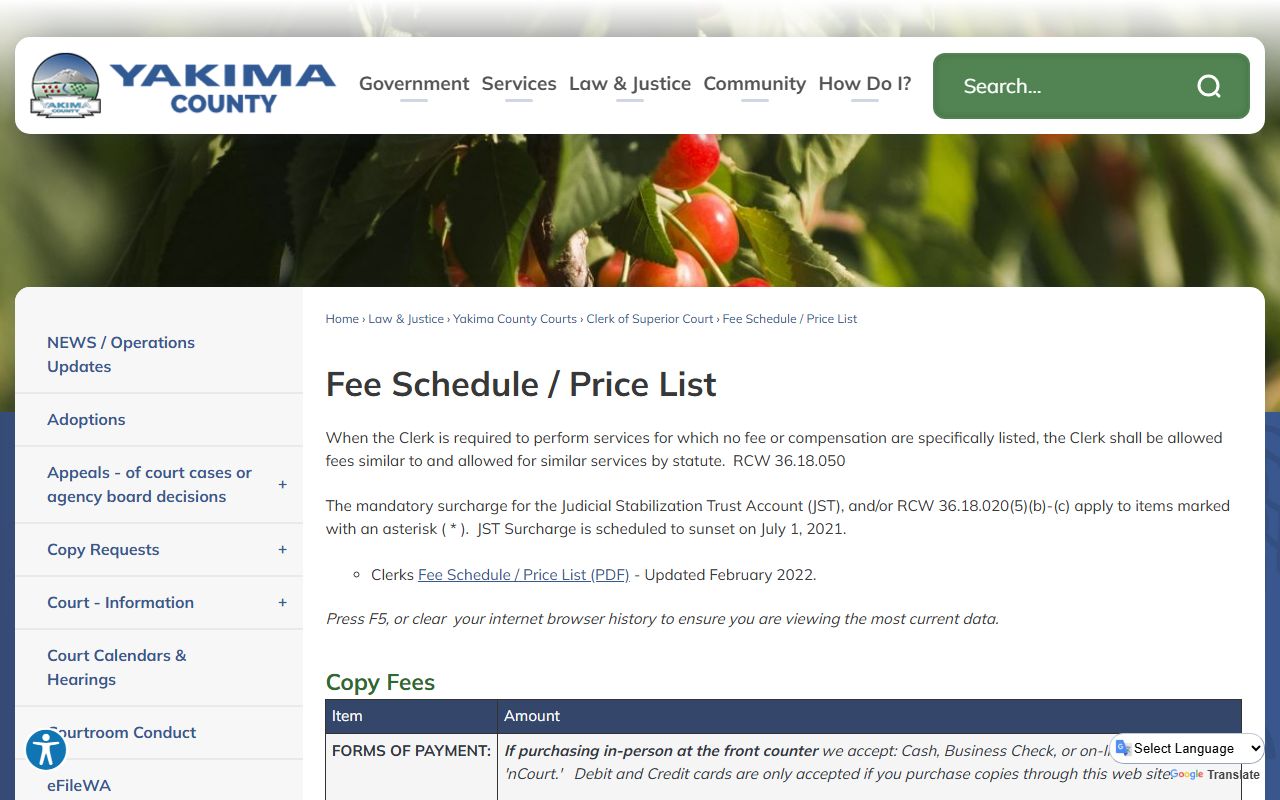 Yakima County court records Clerk fee schedule and price list page