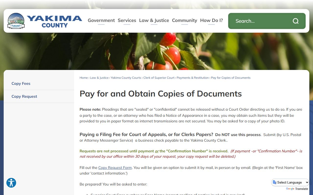 Yakima County court records page on how to pay for Superior Court document copies