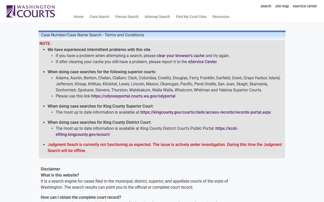 Yakima County court records search terms on the Washington Courts case search page