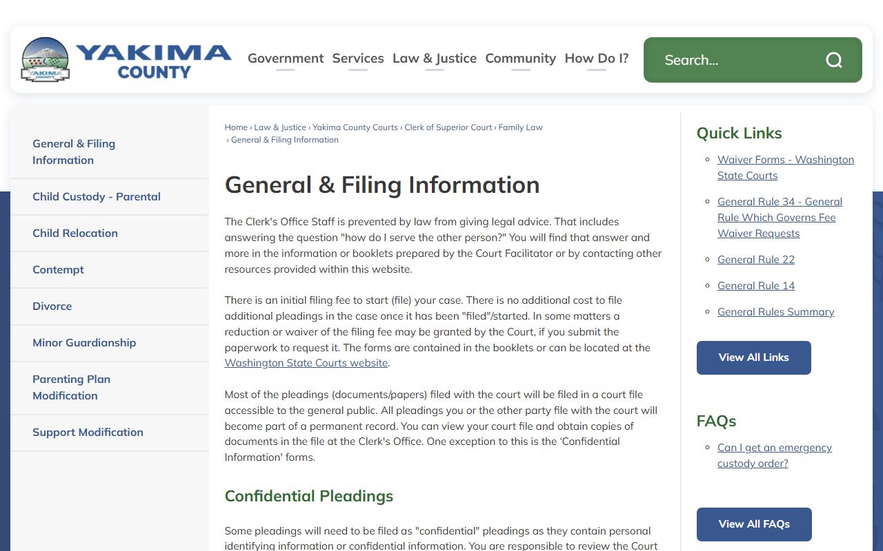 Yakima County court records Superior Court filing information page