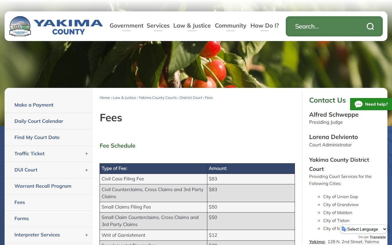 Yakima County court records District Court fees page