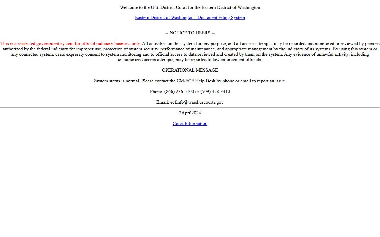 Yakima County federal court dockets on the Eastern District CM/ECF login page