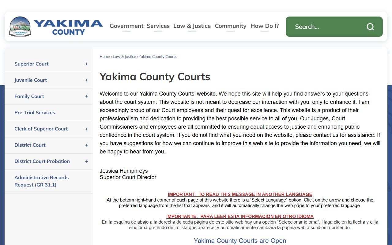 Yakima County court records landing page with court contacts and hours