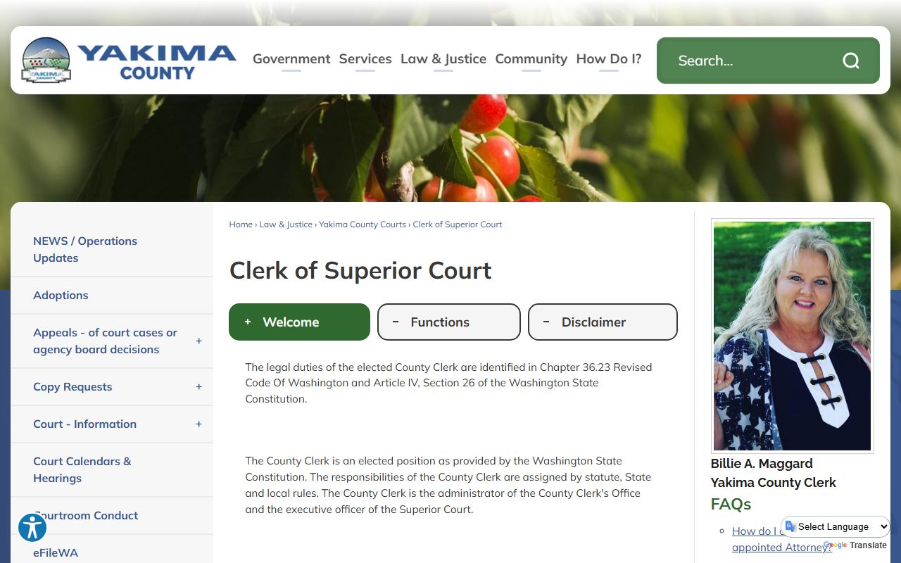 Yakima County Clerk of Superior Court page describing court records duties