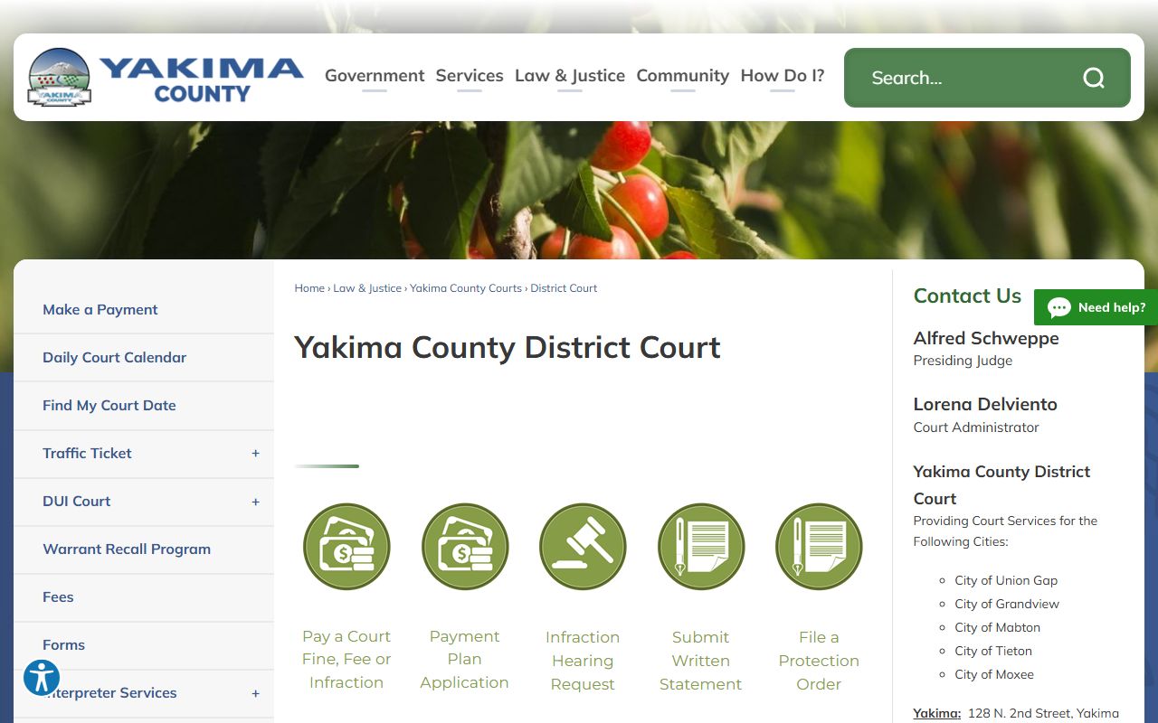 Yakima County District Court records page with court locations and judges
