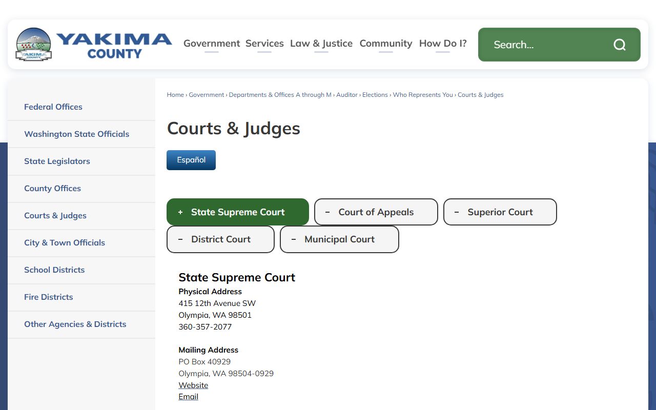 Yakima County court records and judges listing for Superior and District Court