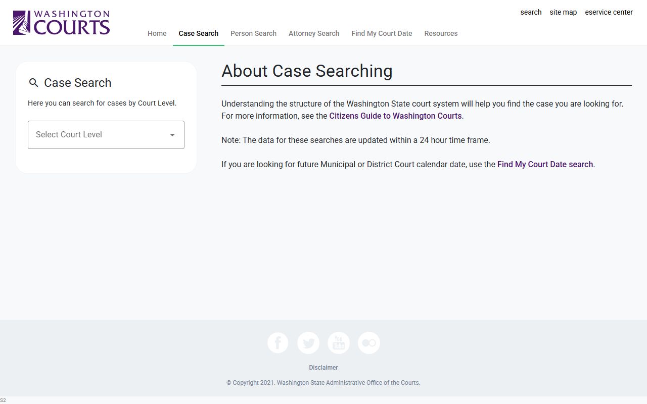 Yakima County court records search form with court and case type fields