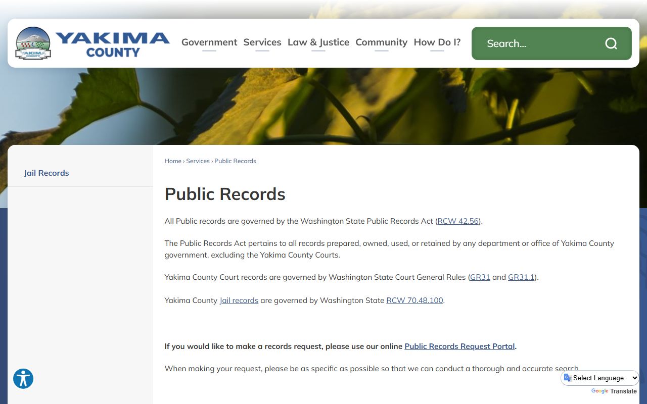 Yakima County public records page explaining court records access rules