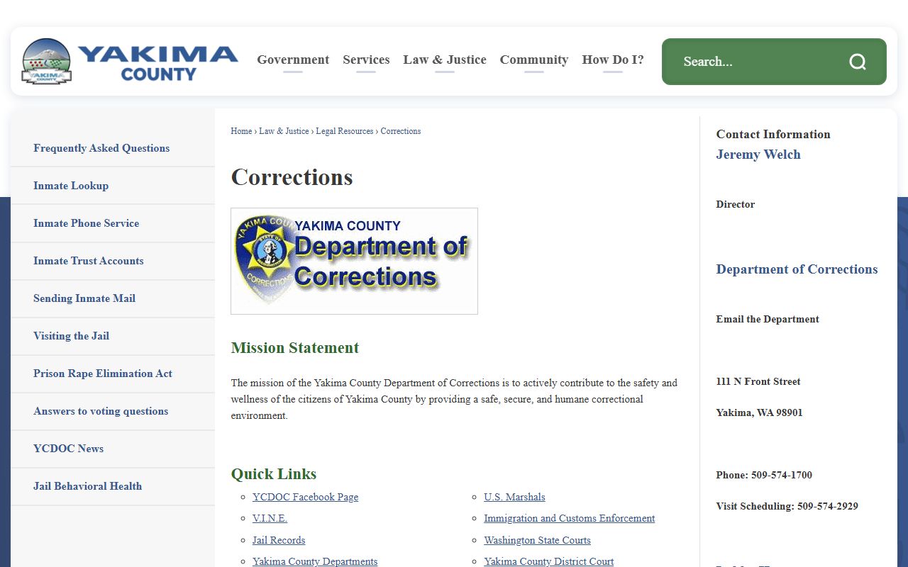 Yakima County Department of Corrections page with jail and inmate records links