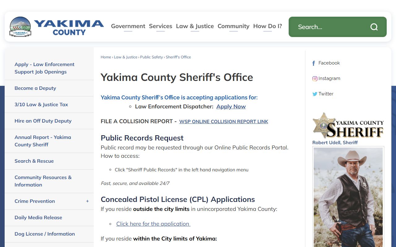 Yakima County Sheriff's Office page with public records and contact details
