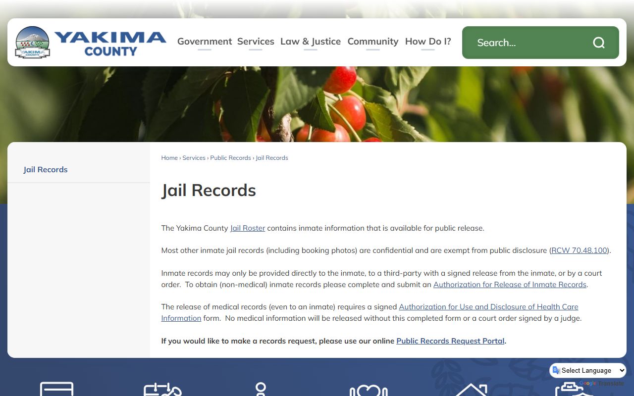 Yakima County inmate records and jail records access rules page