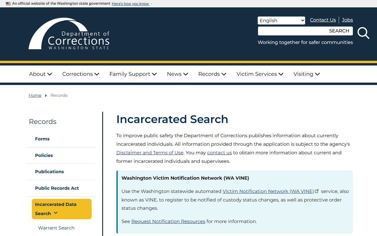 Yakima County released inmates Washington DOC inmate search page