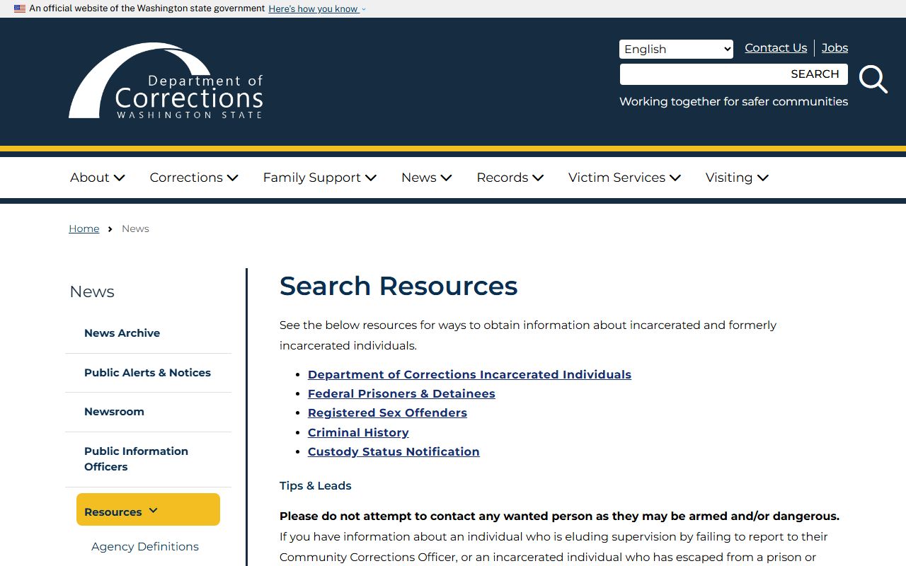 Yakima County released inmates Washington DOC search resources page
