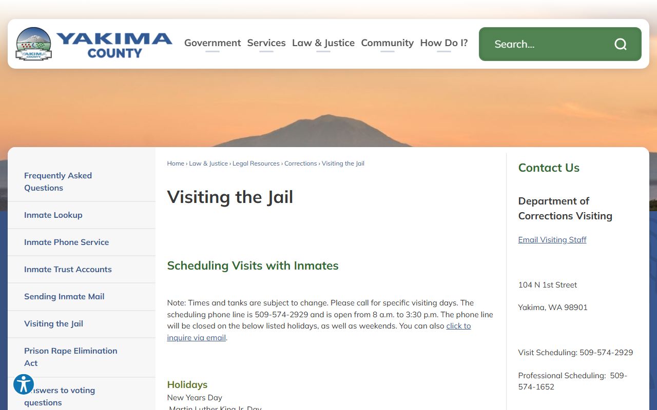 Yakima County inmate records and jail visiting schedule page
