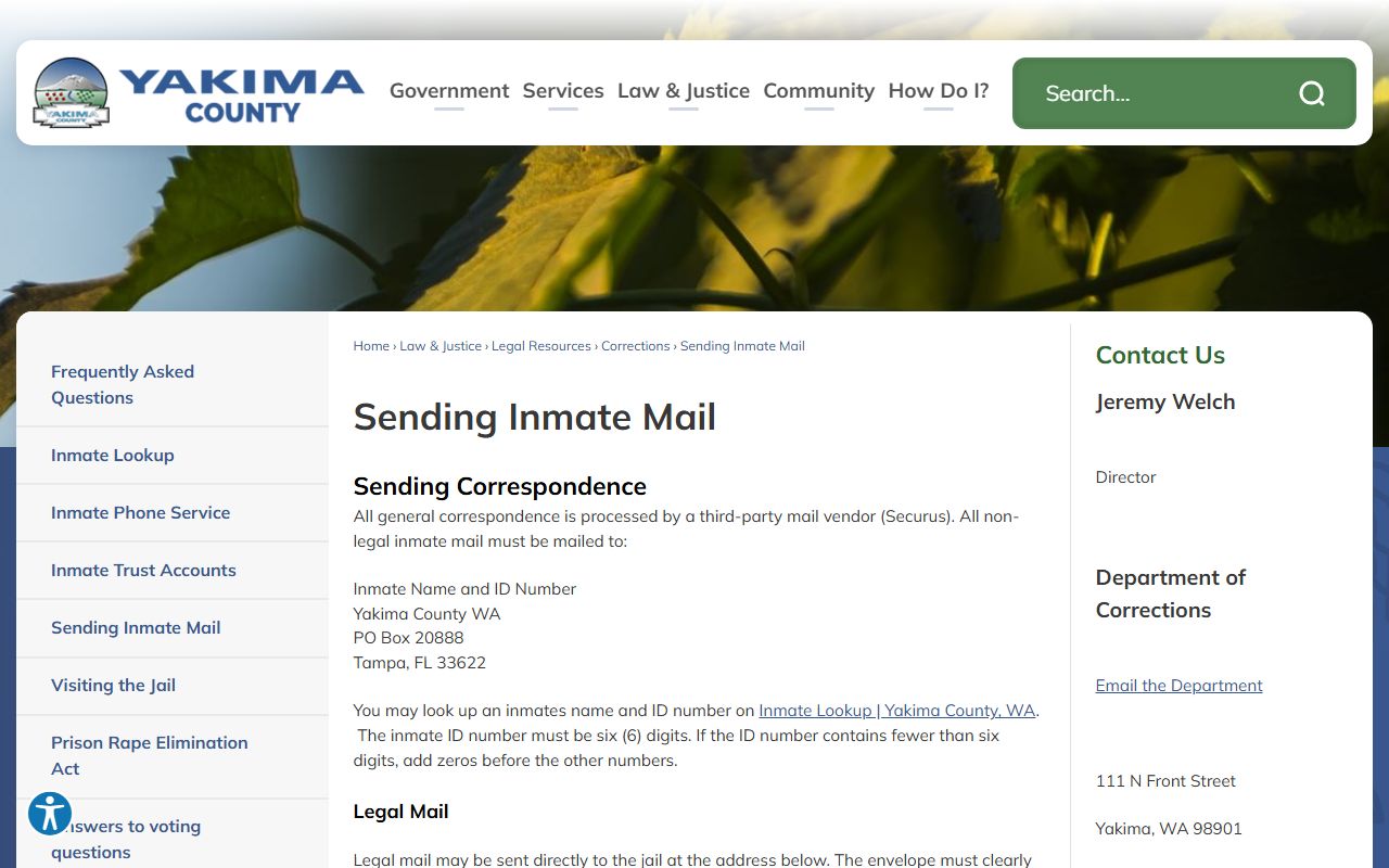 Yakima County inmate records mail rules and addressing page