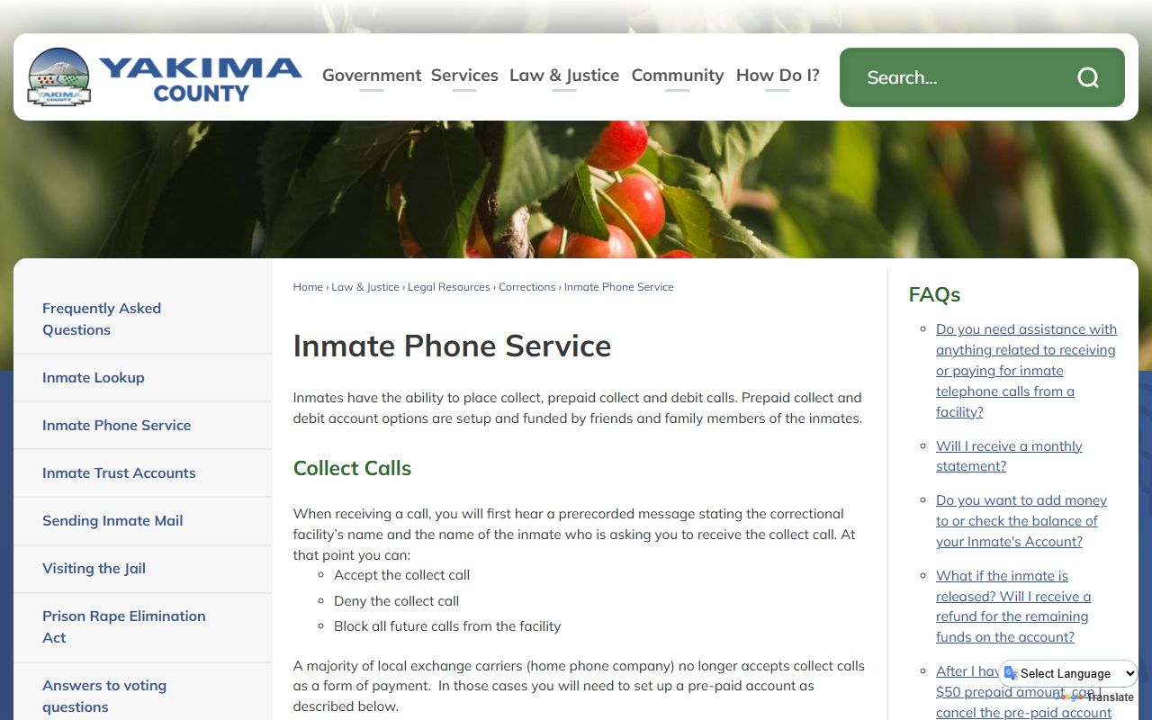 Yakima County inmate records phone service and call rate page