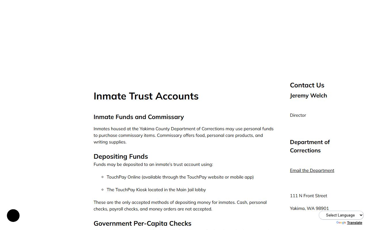 Yakima County inmate records trust account and money deposit page
