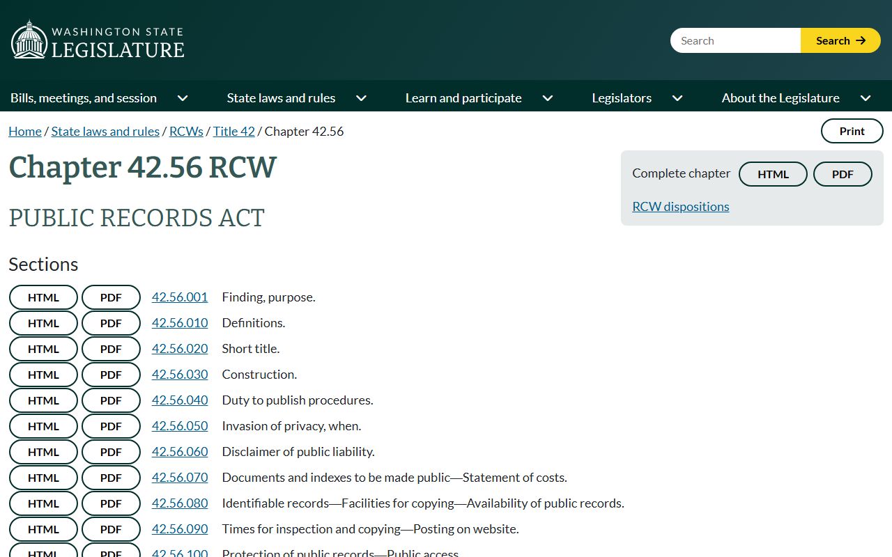 Yakima County public records page showing the Public Records Act RCW 42.56