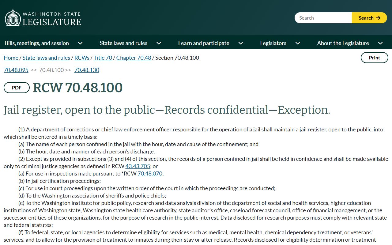 Yakima County public records jail register statute RCW 70.48.100