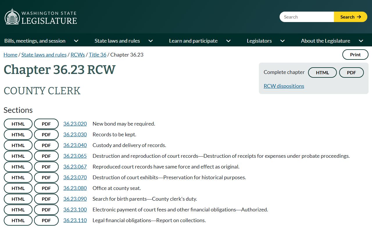 Yakima County public records county clerks statute RCW 36.23