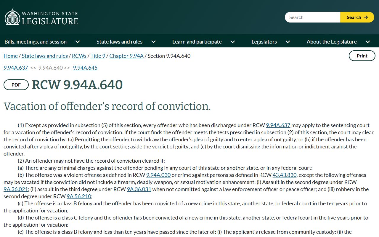Yakima County arrest records and felony conviction vacation statute RCW 9.94A.640
