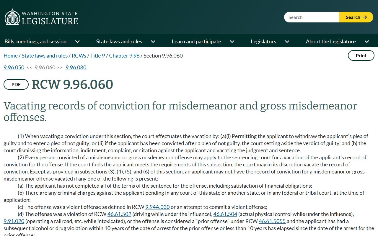 Yakima County arrest records and misdemeanor vacation statute RCW 9.96.060