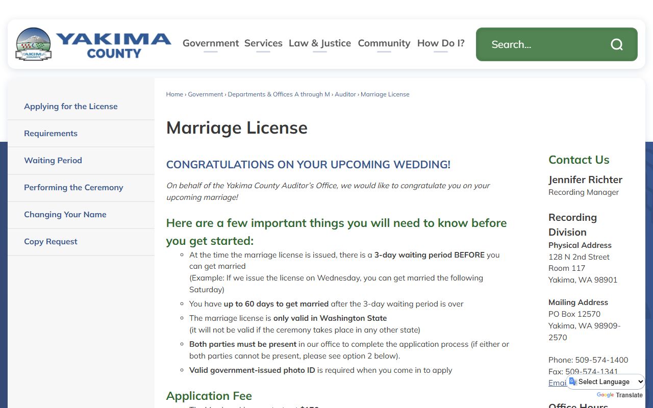 Yakima County marriage records page with license requirements