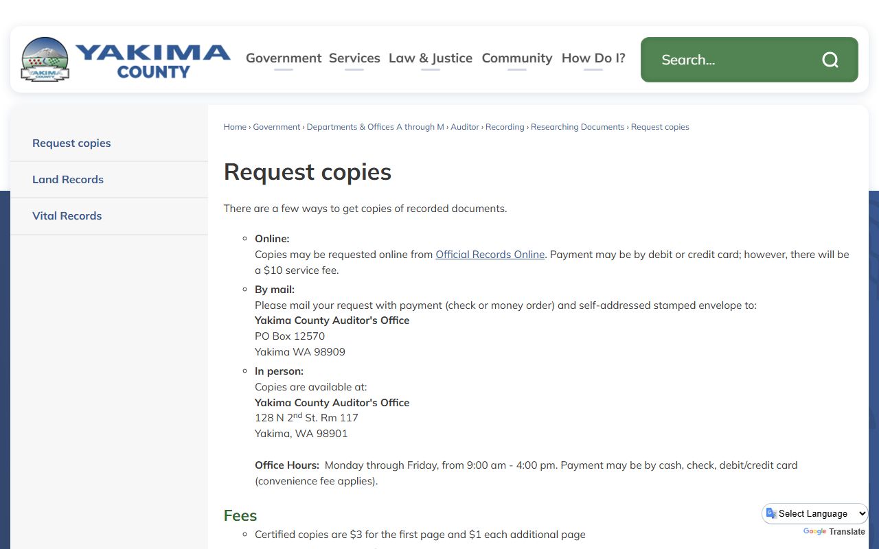 Yakima County marriage records copy request page at the Auditor