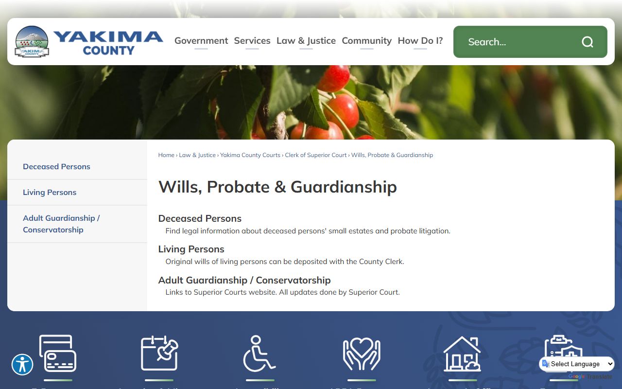 Yakima County probate records page for wills, probate, and guardianship