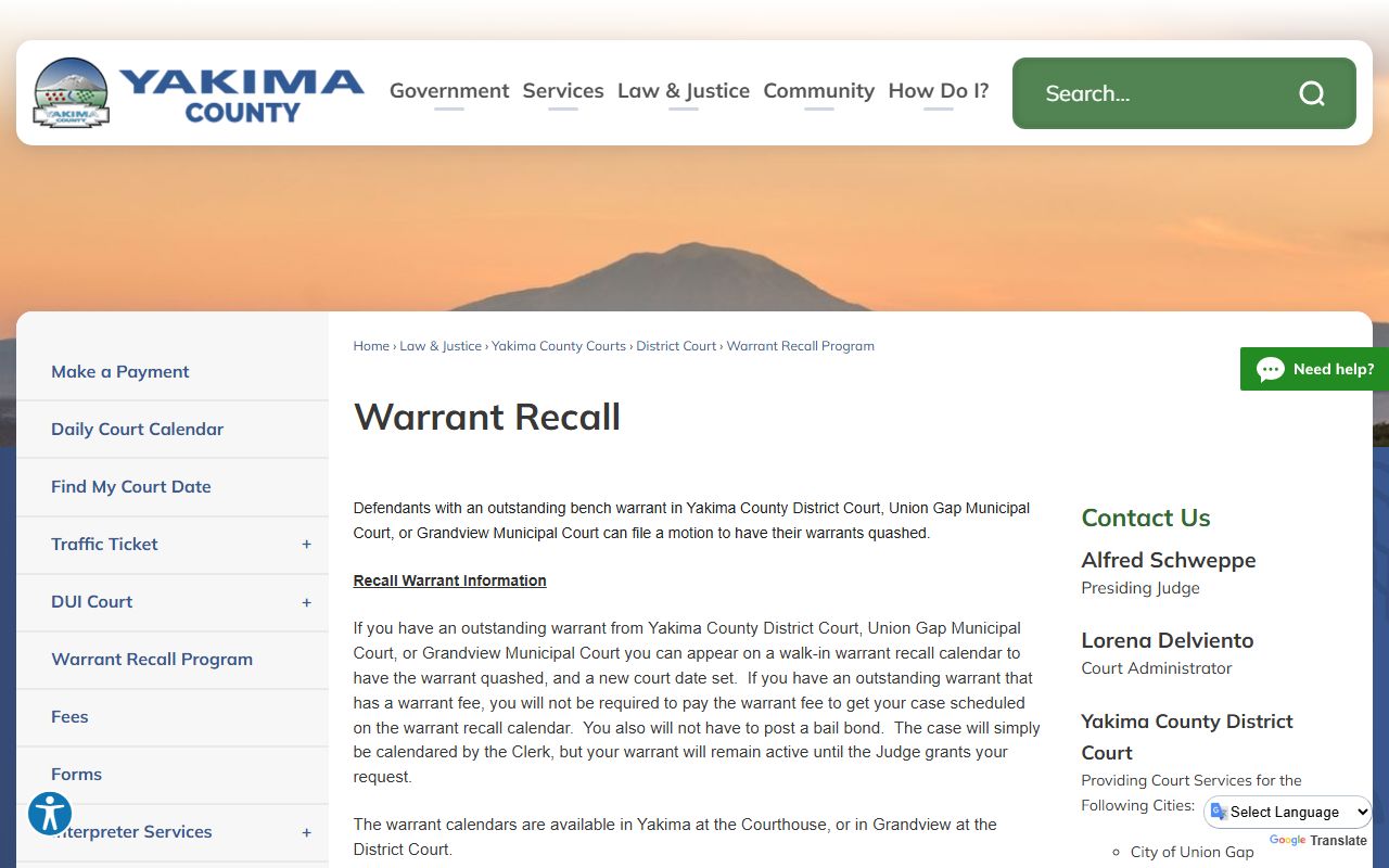 Yakima County warrant records and District Court Warrant Recall Program page